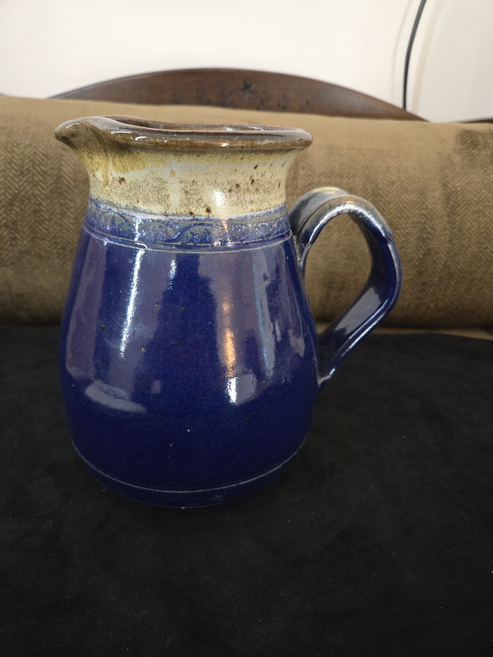 Blue Pottery Pitcher with Cream Rim, Medium 8"x5"